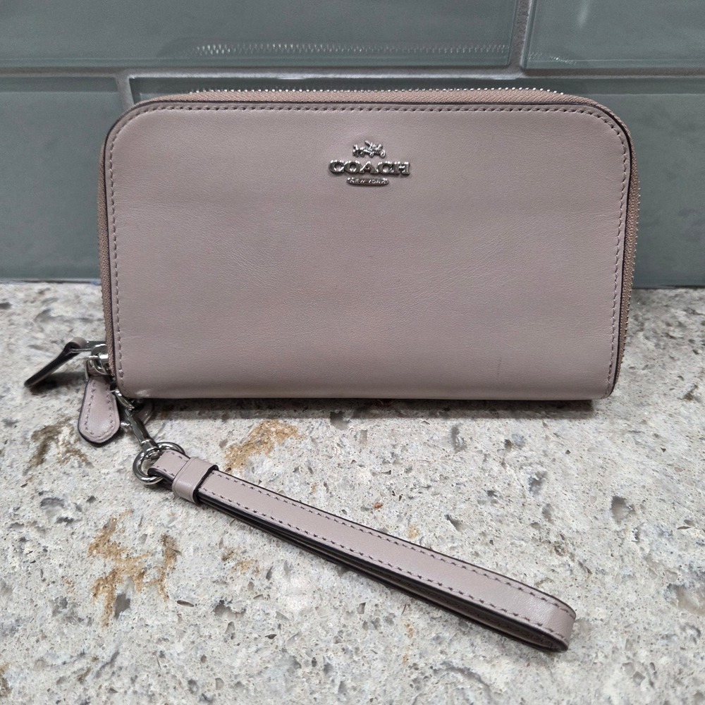 Coach Double Zip Wristlet Wallet Beige Leather New York Signature
